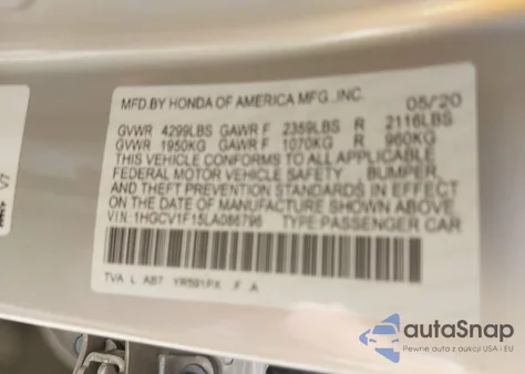 2020 Honda Accord Lx z USA, uszkodzony, nr VIN 1HGCV1F15LA086796